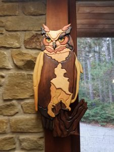 Wooden Great Horned Owl art by Chuck Staunton